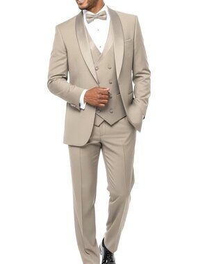 Solid Beige Satin Shawl Lapel 3 Piece Double Breasted Vest Men Suit